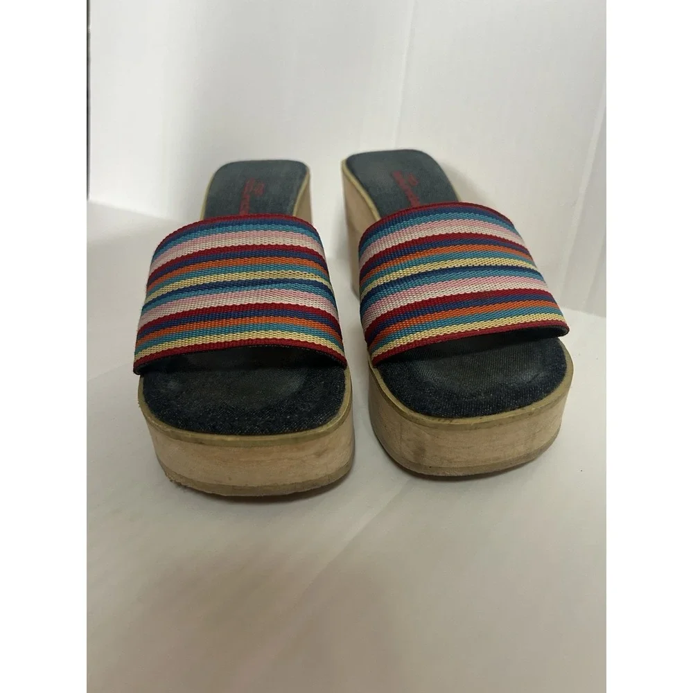 2000s NoBo Rainbow Striped Wedge Sandals Y2K Summer Beach Boho Festival